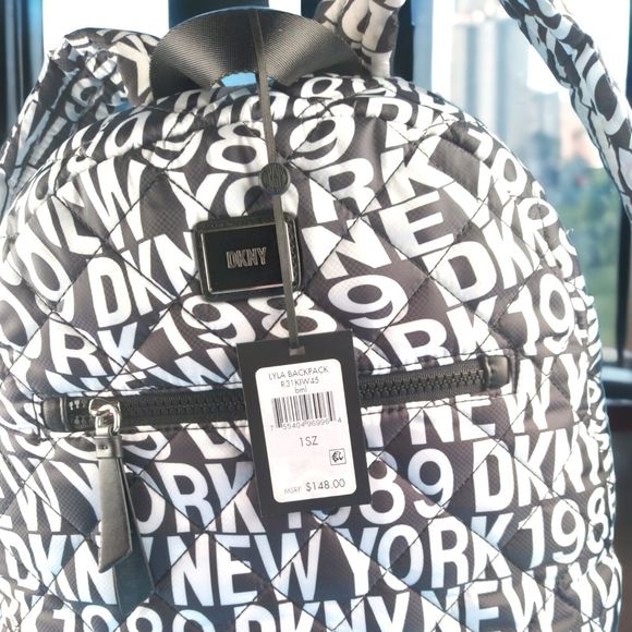 NWT DKNY Womens LYLA Quilted Black White Softshell Zip BACKPACK Adjustable Gift main image 7